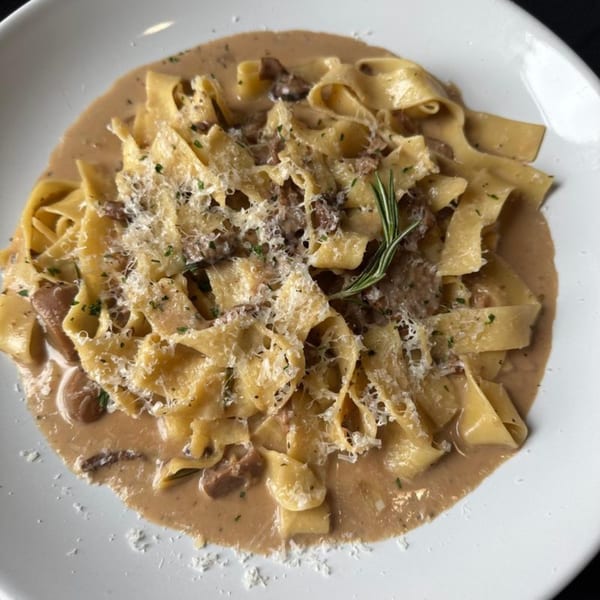 Marrelli's Italian Restaurant's pappardelle pasta with creamy mushroom sauce, parmesan, and rosemary.